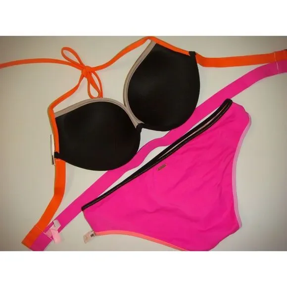 NWT Victoria's Secret 32D,34D,34DD BIKINI S bottom Black Hot Pink ORANGE BANDED - Picture 3 of 3